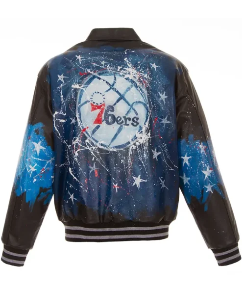 Philadelphia 76ers Black Leather Varsity Jacket Back