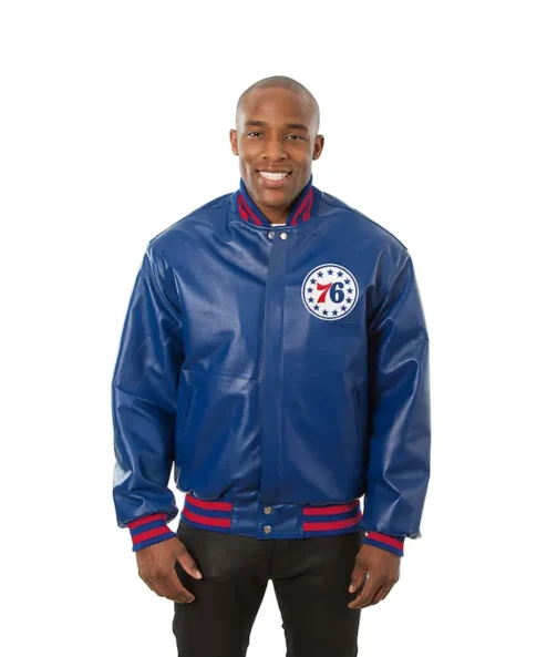 Philadelphia 76ers Blue Bomber Leather Jacket