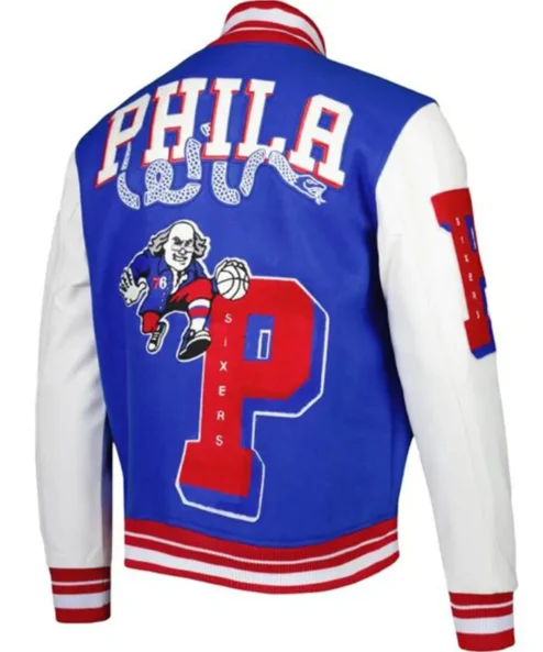 Philadelphia 76ers Blue and White Wool Varsity Jacket Back