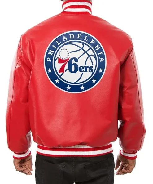 Philadelphia 76ers Red Leather Varsity Jacket Back