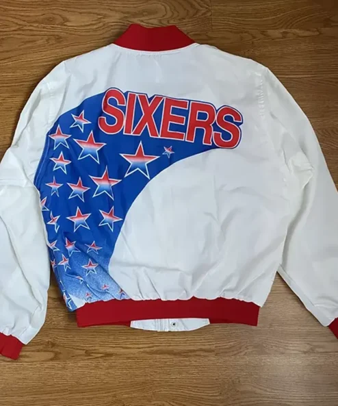 Philadelphia 76ers White Vintage Varsity Jacket Back