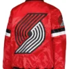 Portland Trail Blazers Red Satin Full Snap Varsity Jacket Back