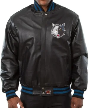 Preston Timberwolves Black Leather Bomber Jacket