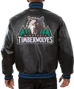 Preston Timberwolves Black Leather Bomber Jacket Back