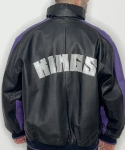 Sacramento Kings Black Vintage Zip Leather Jacket Back