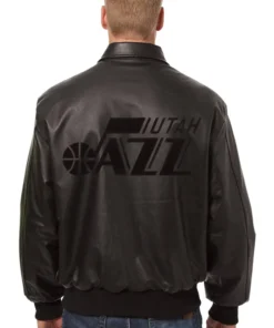 Sandy Lehner Utah Jazz Black Leather Bomber Jacket Back