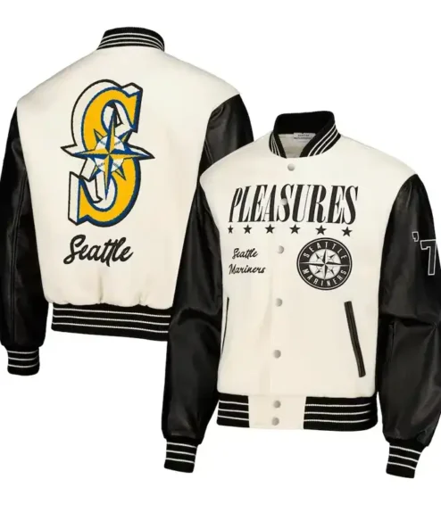Seattle Mariners White And Black Pleasures Varsity Jacket