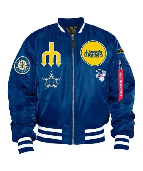 Seattle Mariners Zipper Blue Satin Bomber Jacket