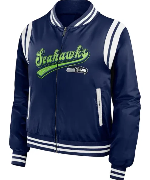 Seattle Seahawks Rose Navy Satin Bomber Jacket