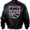 Team Sacramento Kings Black Leather Varsity Jacket Back