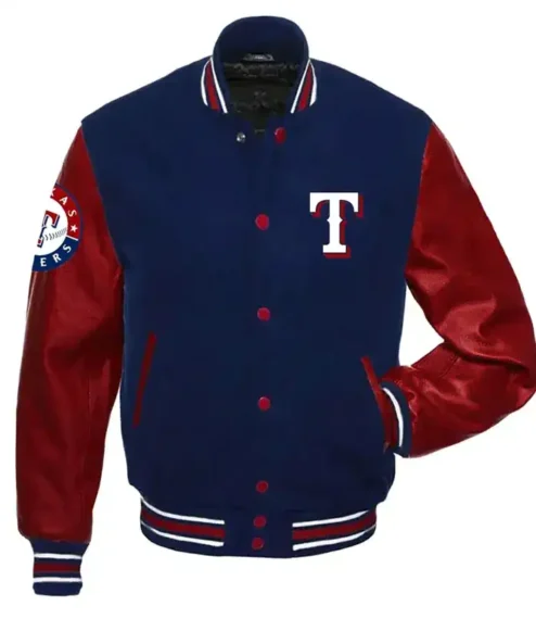 Texas Rangers Navy Blue And Red Full Snap Varsity Jacket