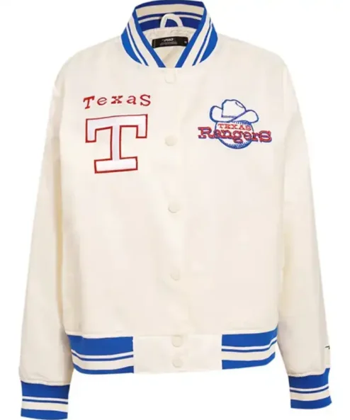 Texas Rangers White Full Snap Bomber Jacket