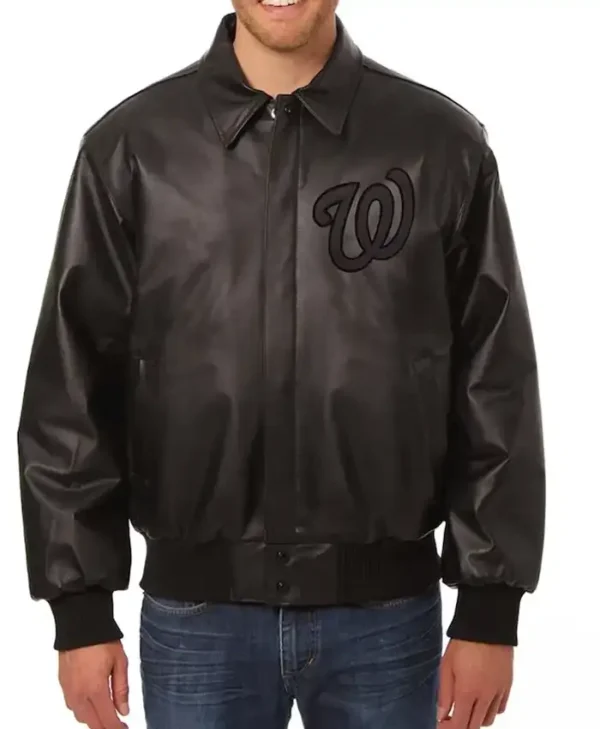 Washington Nationals Classic Bomber Black Leather Jacket