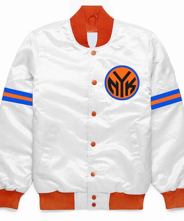 White New York Knicks White Satin Varsity Jacket