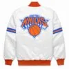 White New York Knicks White Satin Varsity Jacket Back
