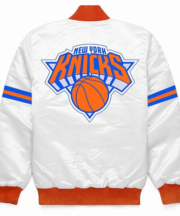 White New York Knicks White Satin Varsity Jacket Back