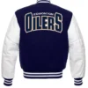 Edmonton Oilers Letterman Black and White Varsity Jacket Back