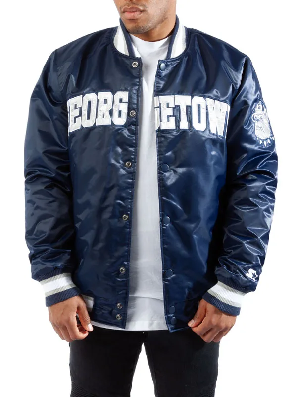 Georgetown Hoyas Bomber Blue Satin Varsity Jacket