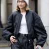 Gigi Hadid Paris Fashion Week Black Bomber Jacket