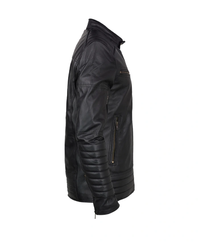Black Johnny Cage leather jacket with snap-tab erect collar