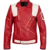 Asha Banks red leather jacket featuring full-length sleeves and stylish front pockets