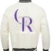 Rockies White Satin Varsity Baseball Jacket Back