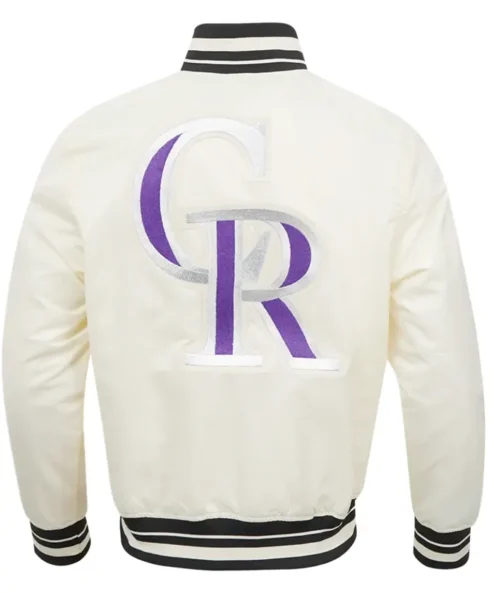 Rockies White Satin Varsity Baseball Jacket Back
