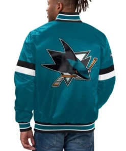 San Jose Sharks Green Satin Varsity Jacket Back