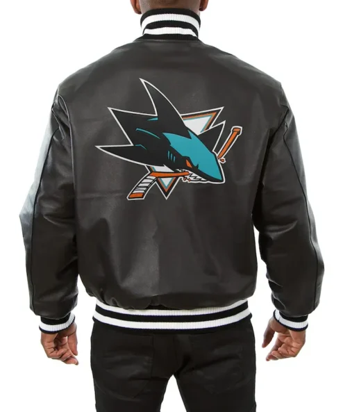 Santa Mohr San Jose Sharks Black Leather Bomber Jacket Back