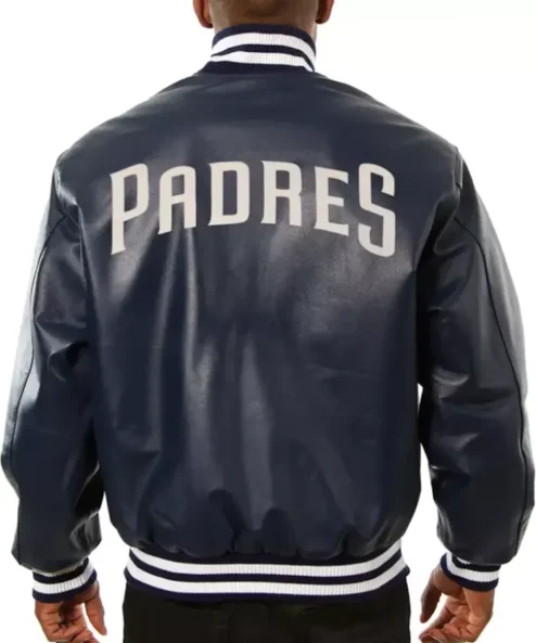 Team San Diego Padres Navy Leather Bomber Jacket Back