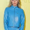 Alix Earle PFW 2025 Blue Leather Jacket For Sale