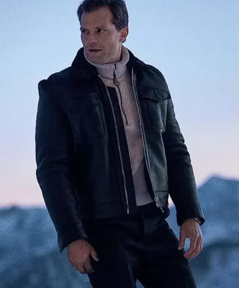 Heart of Stone 2023 Jamie Dornan Black Shearling Jacket