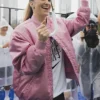 Sabrina Ionescu Pink Satin Varsity Jacket For Sale