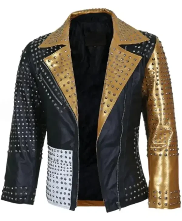 Cone Spikes Black And Gold Leather Jacket
