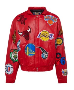 Order Now Jeff Hamilton X NBA Teams Logo Patch Red Leather Jacket For Sale