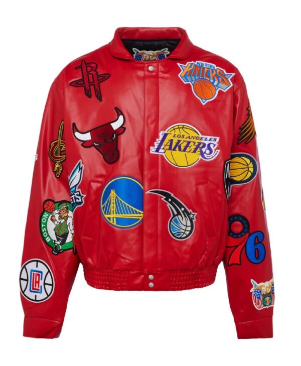 Order Now Jeff Hamilton X NBA Teams Logo Patch Red Leather Jacket For Sale
