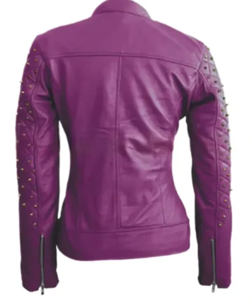 Women Purple Quilted Leather Stud Jacket