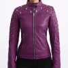 Women Purple Quilted Stud Leather Jacket