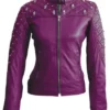 Women Purple Quilted Stud Leather Jacket