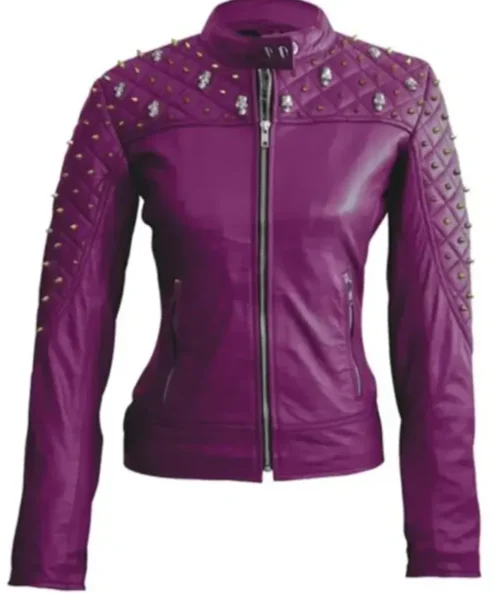 Women Purple Quilted Stud Leather Jacket