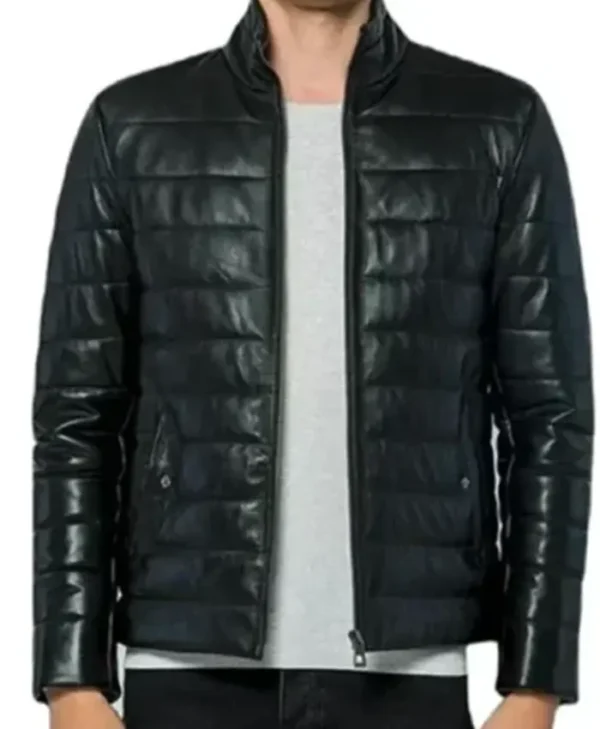Black Leather Quilted Puffer Jacket