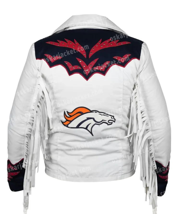 Buy Now Unisex NFL Denver Broncos Cheerleaders White Cotton Fringe Jacket For Sale