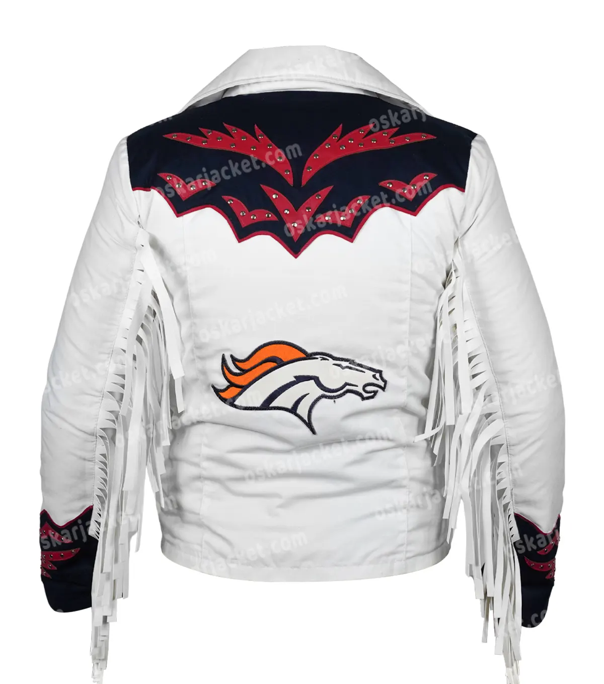Buy Now Unisex NFL Denver Broncos Cheerleaders White Cotton Fringe Jacket For Sale