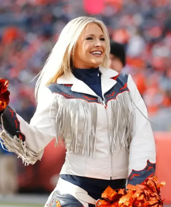 Denver Broncos Cheerleaders White Fringe Jacket
