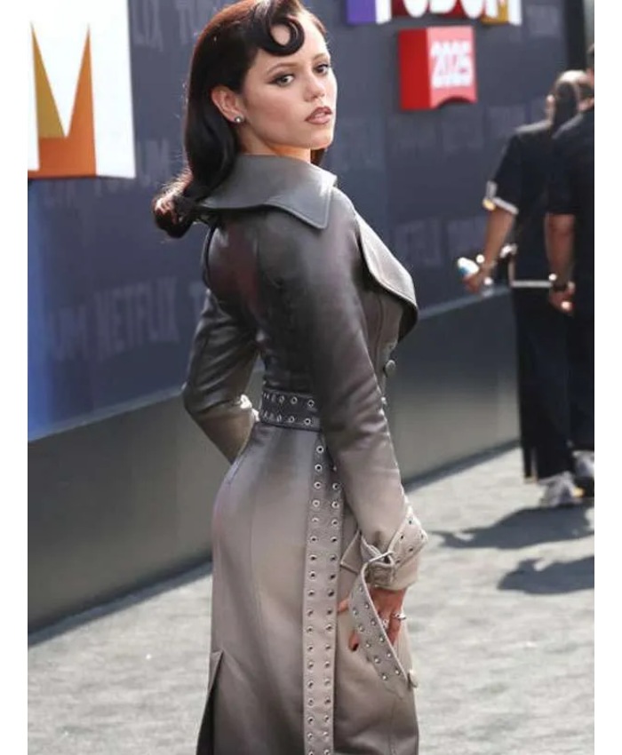 Netflix Tudum 2025 Jenna Ortega Grey Leather Trench Coat