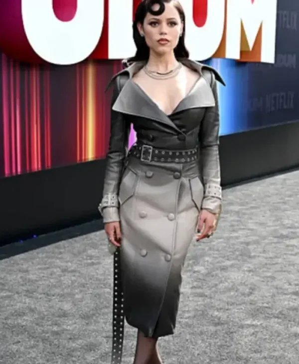Jenna Ortega Netflix Tudum 2025 Leather Coat