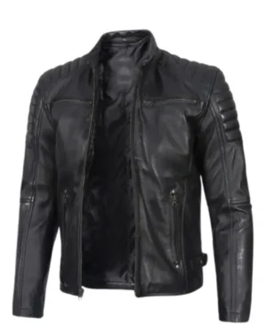 Mens Black Leather Padded Shoulders With Biker Jacket