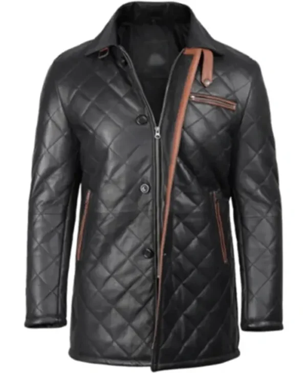Men’s Black Quilted Leather Car With Brown Detailing Coat