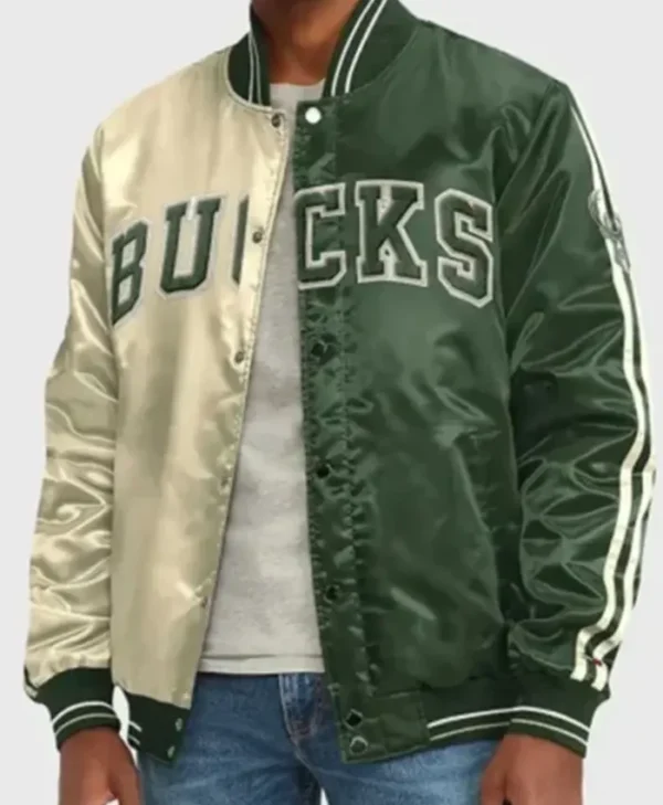 Milwaukee Bucks Off White And Green Varsity Jacket