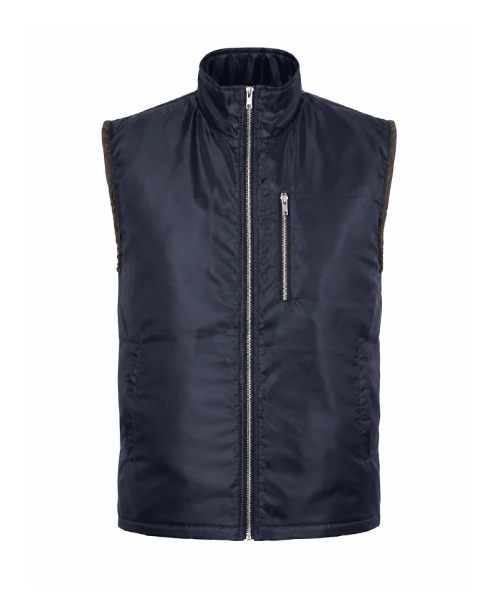 Jason Schwartzman blue vest from Mountainhead 2025 with a practical outdoor-inspired design